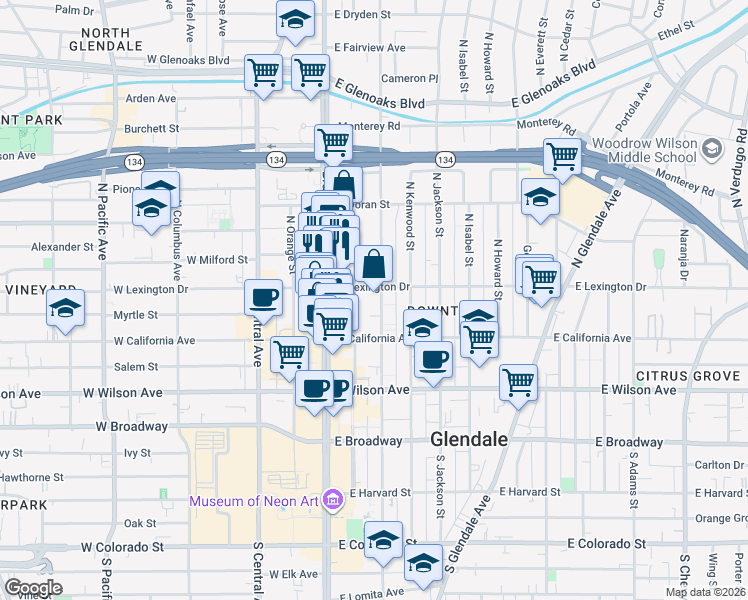 map of restaurants, bars, coffee shops, grocery stores, and more near in Glendale