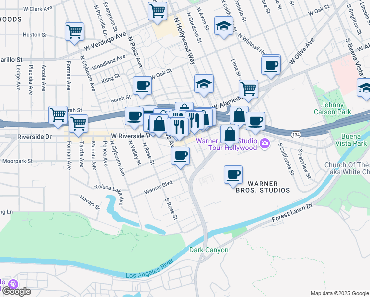 map of restaurants, bars, coffee shops, grocery stores, and more near 151 North Maple Street in Burbank