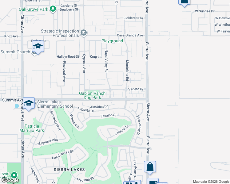 map of restaurants, bars, coffee shops, grocery stores, and more near 16620 Wyndham Lane in Fontana