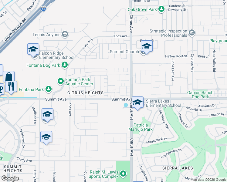 map of restaurants, bars, coffee shops, grocery stores, and more near 5644 Altamura Way in Fontana
