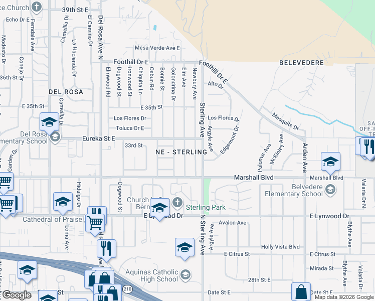 map of restaurants, bars, coffee shops, grocery stores, and more near 5645 Elm Avenue in San Bernardino