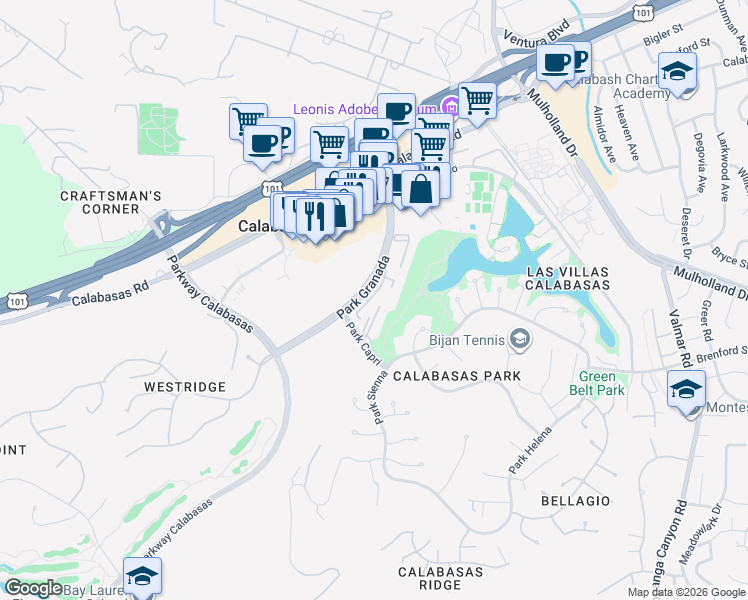 map of restaurants, bars, coffee shops, grocery stores, and more near 4626 Park Granada in Calabasas