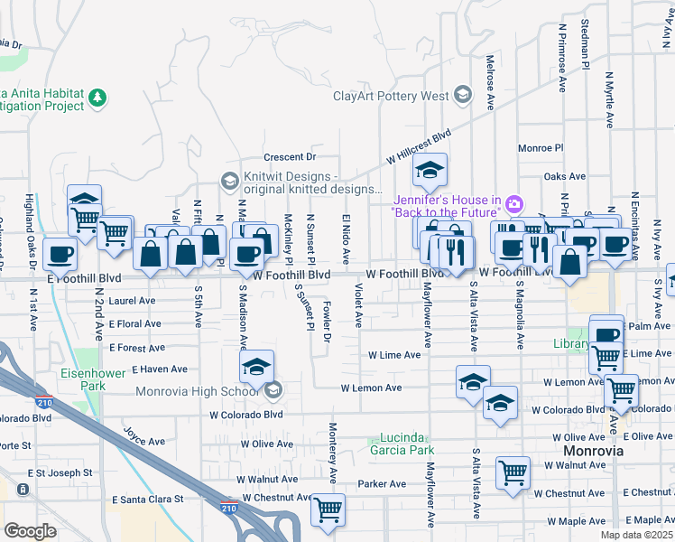 map of restaurants, bars, coffee shops, grocery stores, and more near 119 El Nido Avenue in Monrovia