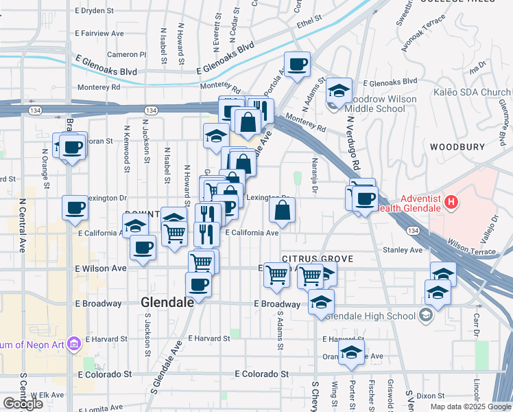 map of restaurants, bars, coffee shops, grocery stores, and more near 925 East Lexington Drive in Glendale