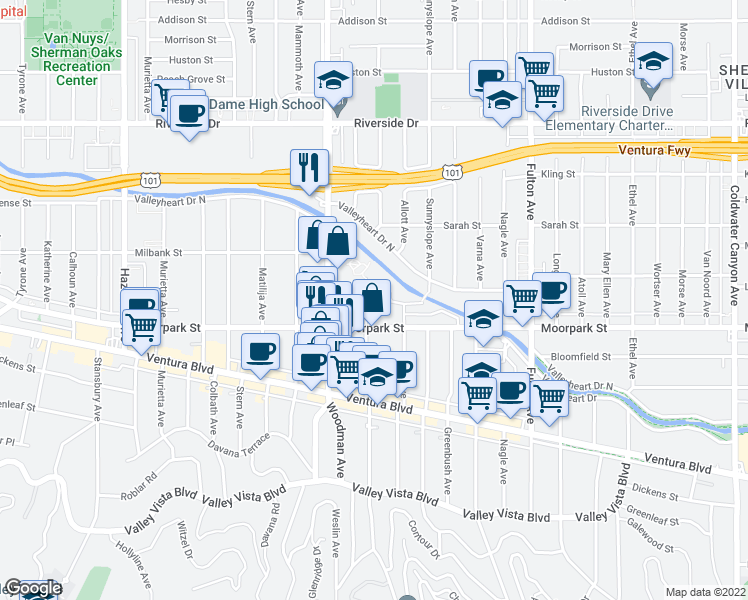map of restaurants, bars, coffee shops, grocery stores, and more near 4436 Ventura Canyon Avenue in Los Angeles