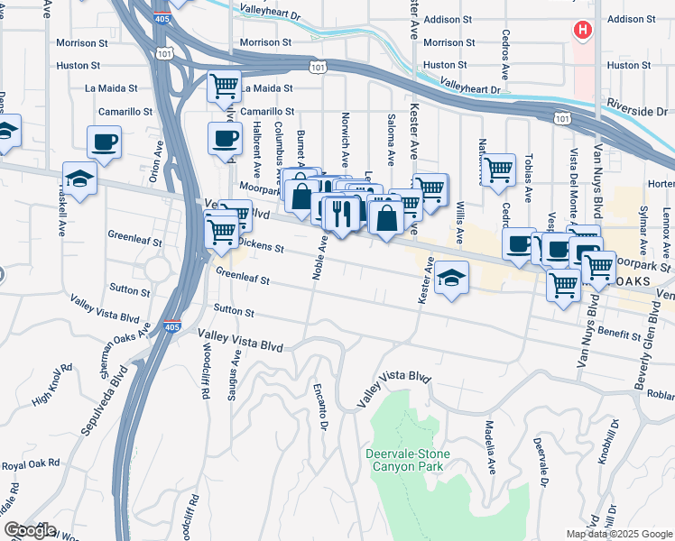 map of restaurants, bars, coffee shops, grocery stores, and more near Dickens Street in Los Angeles