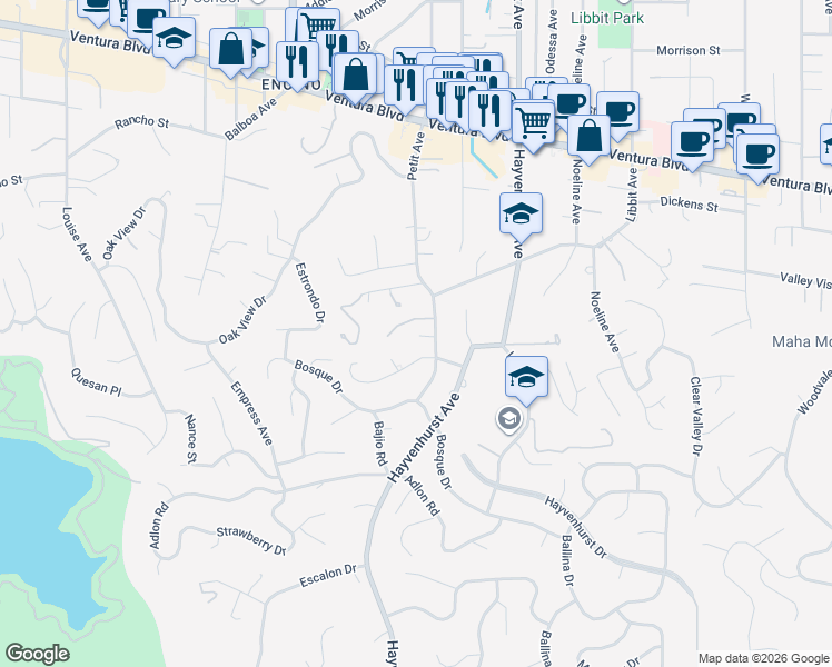map of restaurants, bars, coffee shops, grocery stores, and more near 16640 Chaplin Avenue in Los Angeles