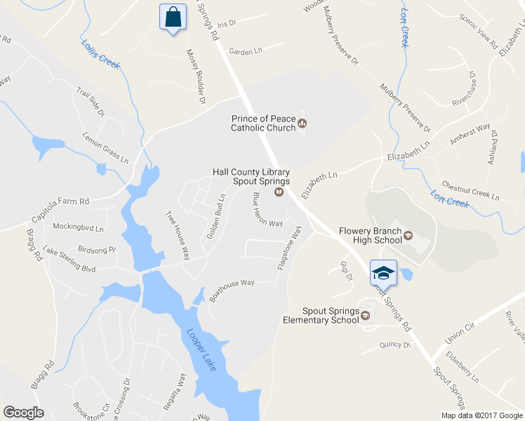 map of restaurants, bars, coffee shops, grocery stores, and more near 6729 Blue Heron Way in Flowery Branch