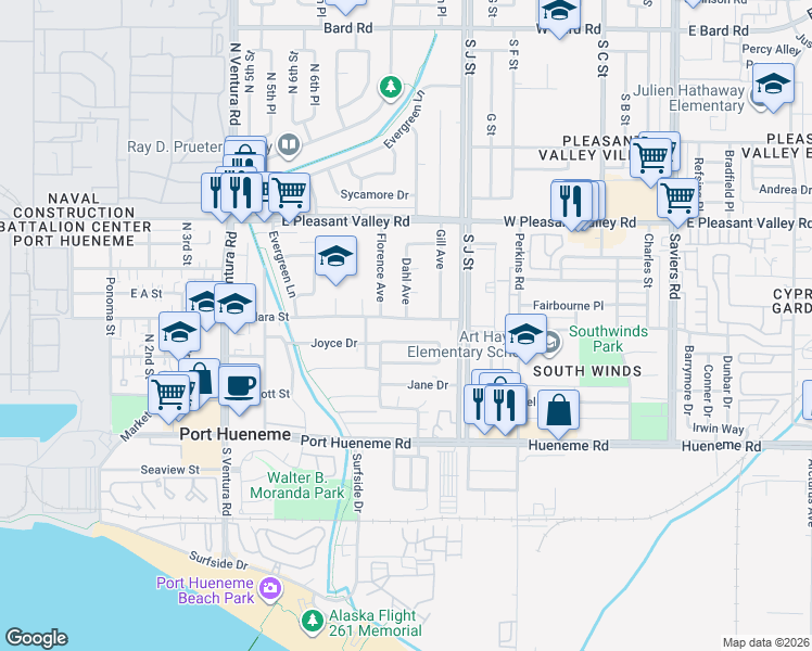map of restaurants, bars, coffee shops, grocery stores, and more near 768 East Clara Street in Port Hueneme