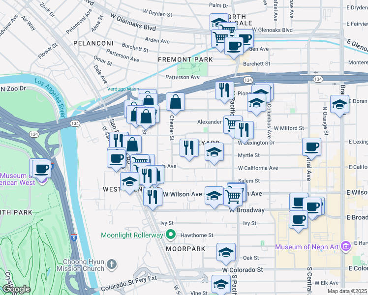 map of restaurants, bars, coffee shops, grocery stores, and more near 650 West Milford Street in Glendale