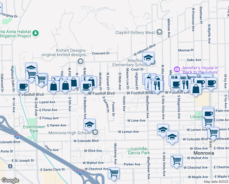 map of restaurants, bars, coffee shops, grocery stores, and more near 733 West Foothill Boulevard in Monrovia