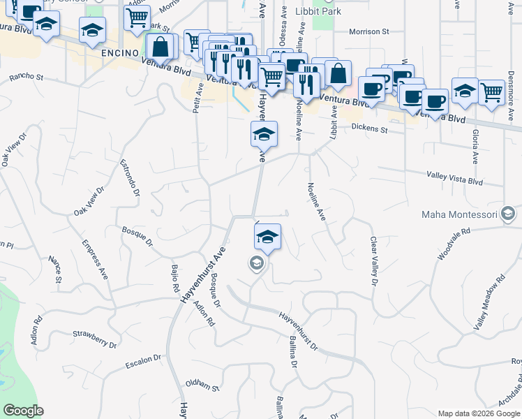 map of restaurants, bars, coffee shops, grocery stores, and more near 4466 Hayvenhurst Avenue in Los Angeles