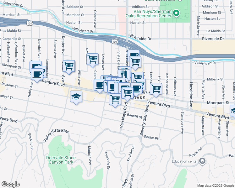 map of restaurants, bars, coffee shops, grocery stores, and more near 14554 Moorpark Street in Los Angeles