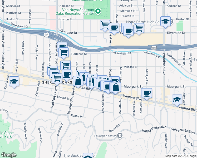 map of restaurants, bars, coffee shops, grocery stores, and more near 4420 Calhoun Avenue in Los Angeles