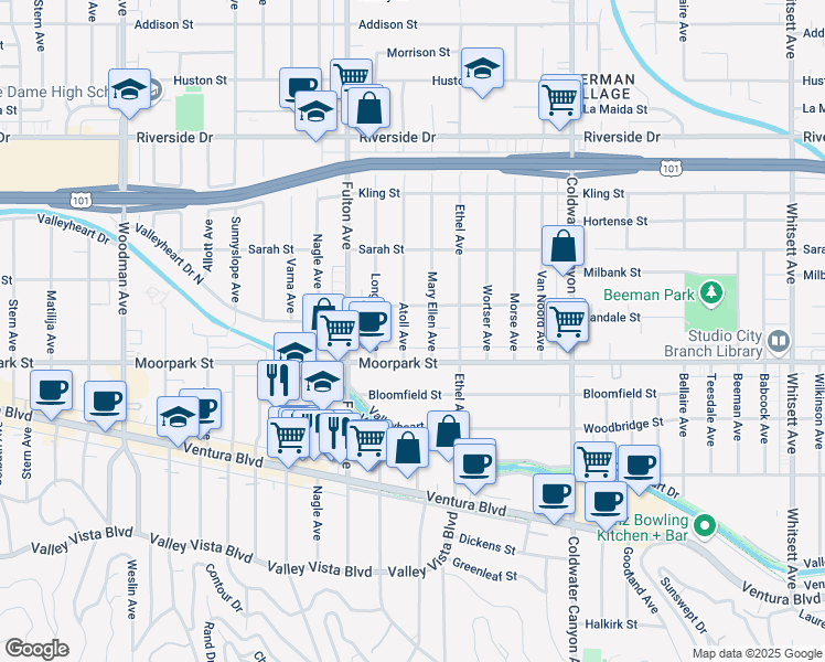 map of restaurants, bars, coffee shops, grocery stores, and more near 4430 Atoll Avenue in Los Angeles