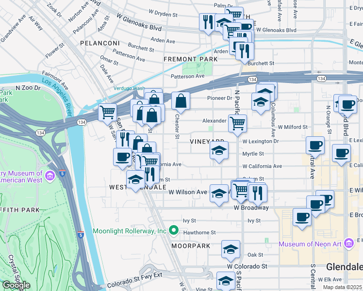map of restaurants, bars, coffee shops, grocery stores, and more near 666 West Lexington Drive in Glendale