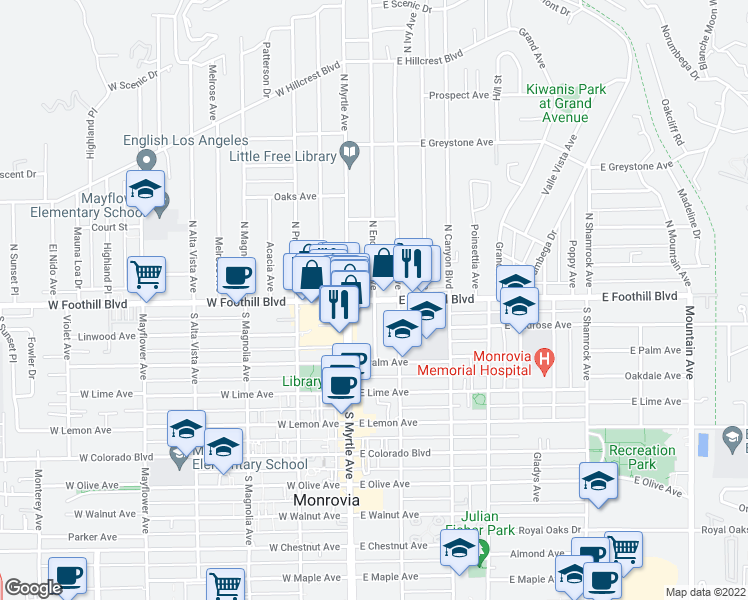 map of restaurants, bars, coffee shops, grocery stores, and more near East Foothill Boulevard & South Encinitas Avenue in Monrovia