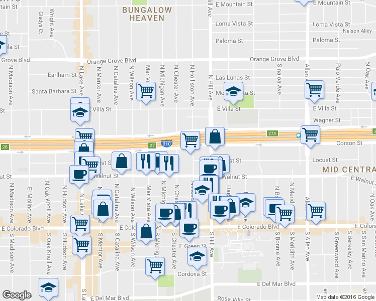 map of restaurants, bars, coffee shops, grocery stores, and more near 1318 Corson Street in Pasadena