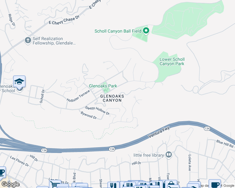 map of restaurants, bars, coffee shops, grocery stores, and more near Corlington Road in Glendale
