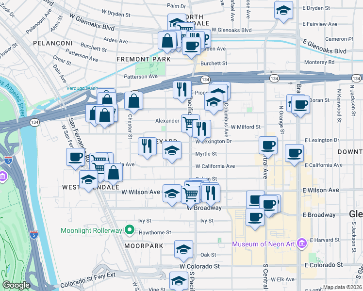 map of restaurants, bars, coffee shops, grocery stores, and more near 526 West Milford Street in Glendale