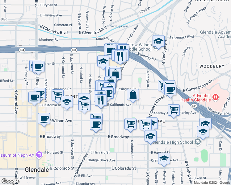 map of restaurants, bars, coffee shops, grocery stores, and more near 339 North Cedar Street in Glendale