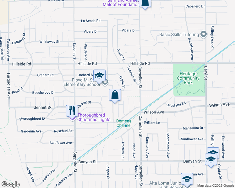 map of restaurants, bars, coffee shops, grocery stores, and more near 8563 Beechwood Drive in Rancho Cucamonga