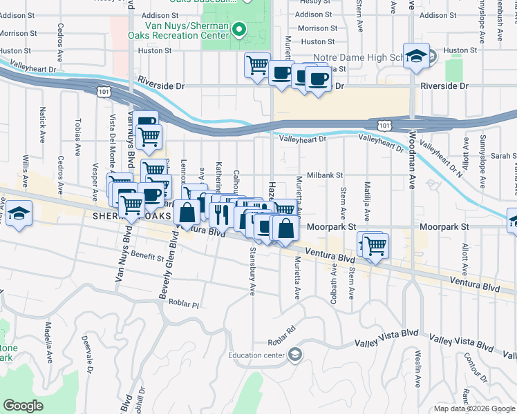 map of restaurants, bars, coffee shops, grocery stores, and more near 4428 Stansbury Avenue in Los Angeles