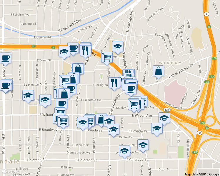map of restaurants, bars, coffee shops, grocery stores, and more near 1204 East Lexington Drive in Glendale