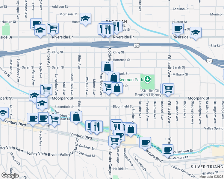 map of restaurants, bars, coffee shops, grocery stores, and more near 4432 Coldwater Canyon Avenue in Los Angeles