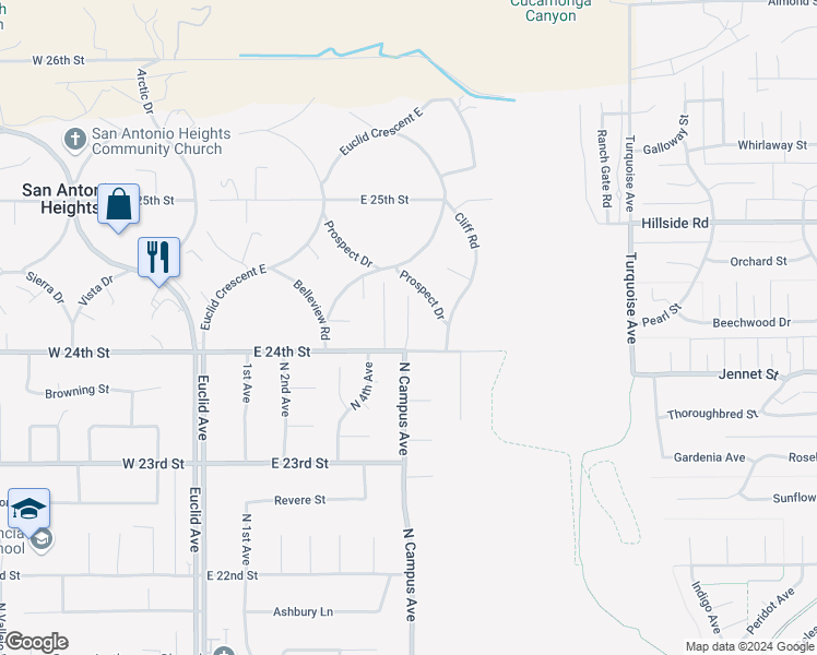 map of restaurants, bars, coffee shops, grocery stores, and more near 2425 North Campus Avenue in Upland