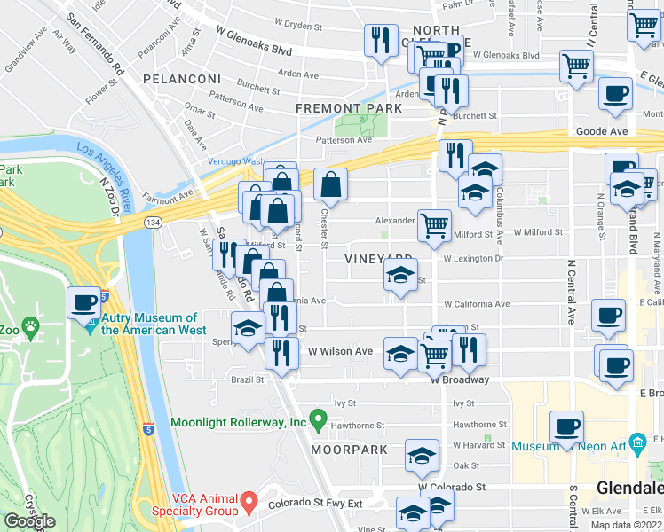 map of restaurants, bars, coffee shops, grocery stores, and more near 666 West Lexington Drive in Glendale