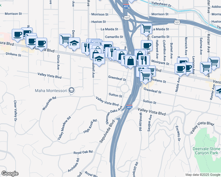 map of restaurants, bars, coffee shops, grocery stores, and more near 15457 Varden Street in Los Angeles
