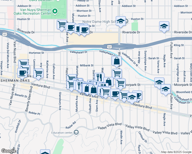 map of restaurants, bars, coffee shops, grocery stores, and more near 4434 Stern Avenue in Los Angeles