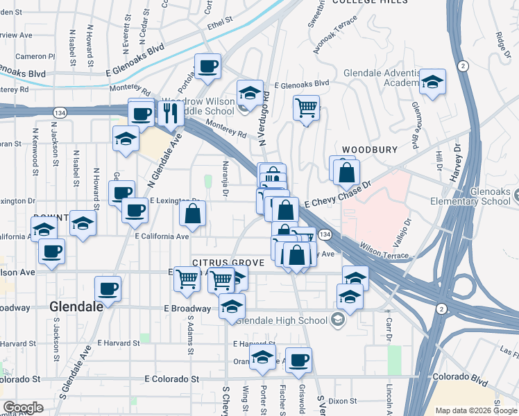 map of restaurants, bars, coffee shops, grocery stores, and more near 1246 East Lexington Drive in Glendale