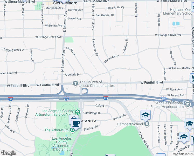 map of restaurants, bars, coffee shops, grocery stores, and more near 1200 Oaklawn Road in Arcadia