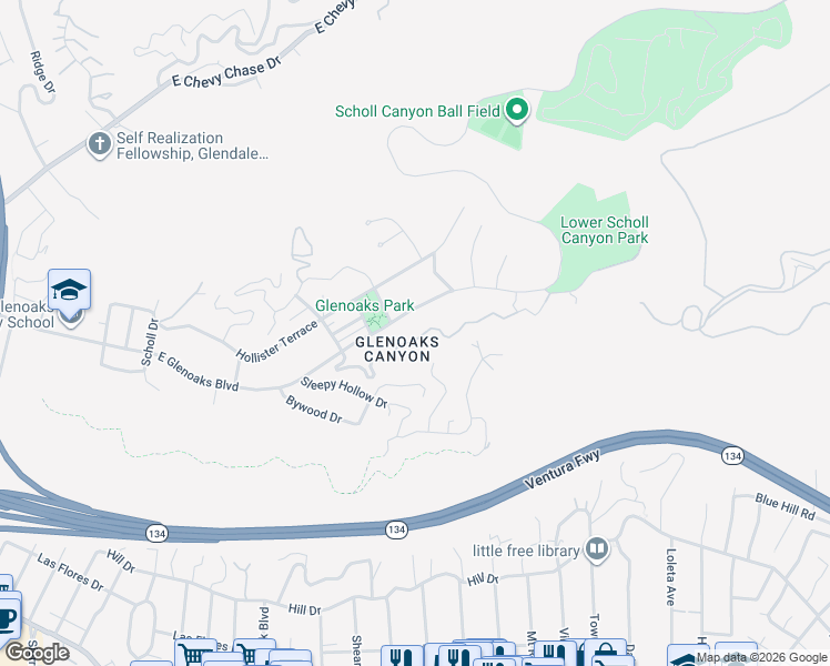 map of restaurants, bars, coffee shops, grocery stores, and more near 2638 East Glenoaks Boulevard in Glendale