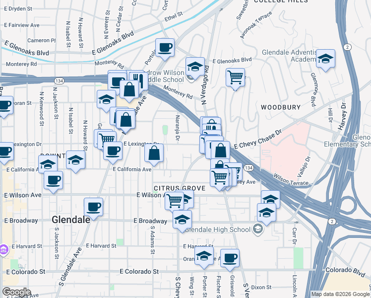 map of restaurants, bars, coffee shops, grocery stores, and more near 1217 East Lexington Drive in Glendale