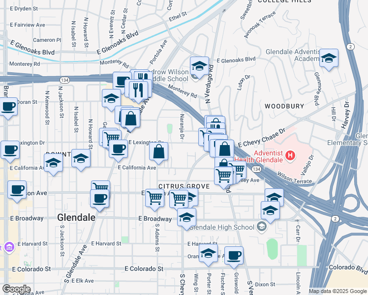map of restaurants, bars, coffee shops, grocery stores, and more near 1217 East Lexington Drive in Glendale