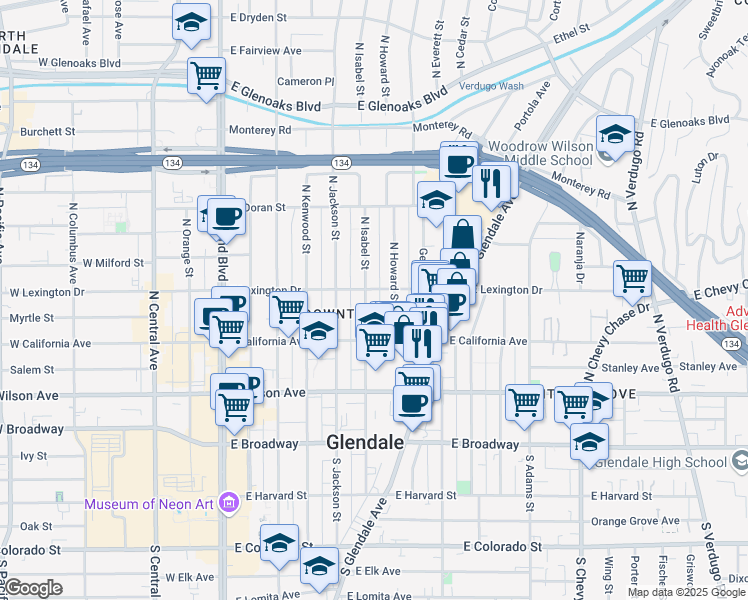 map of restaurants, bars, coffee shops, grocery stores, and more near 401 North Howard Street in Glendale