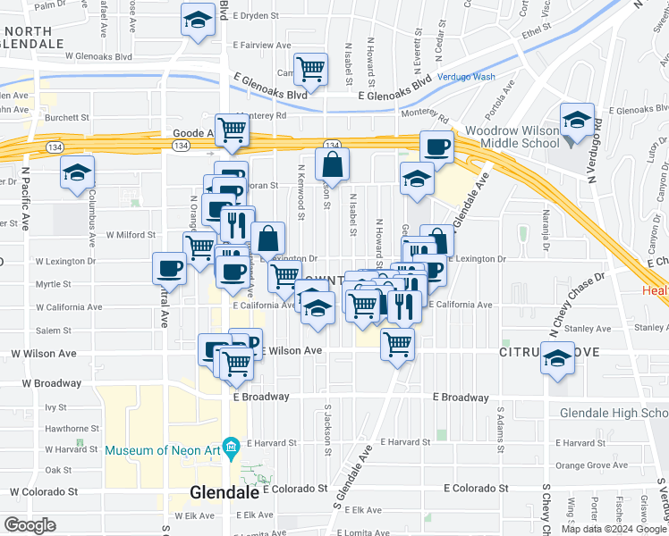 map of restaurants, bars, coffee shops, grocery stores, and more near 515 East Lexington Drive in Glendale