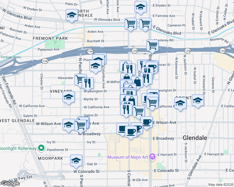 map of restaurants, bars, coffee shops, grocery stores, and more near 349 West Lexington Drive in Glendale