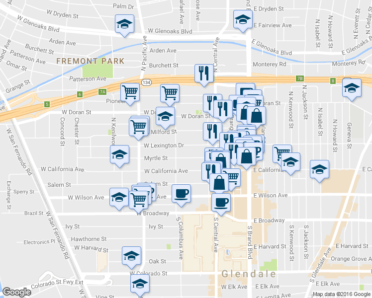 map of restaurants, bars, coffee shops, grocery stores, and more near 349 West Lexington Drive in Glendale