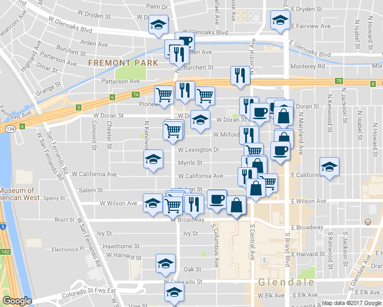 map of restaurants, bars, coffee shops, grocery stores, and more near 439 West Lexington Drive in Glendale