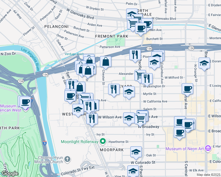 map of restaurants, bars, coffee shops, grocery stores, and more near 650 West Milford Street in Glendale