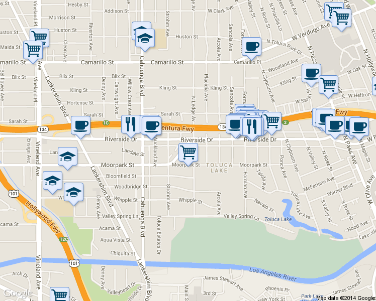 map of restaurants, bars, coffee shops, grocery stores, and more near 4461 Moorpark Way in Los Angeles