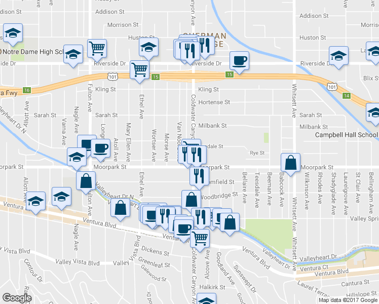 map of restaurants, bars, coffee shops, grocery stores, and more near 4454 Van Noord Avenue in Los Angeles