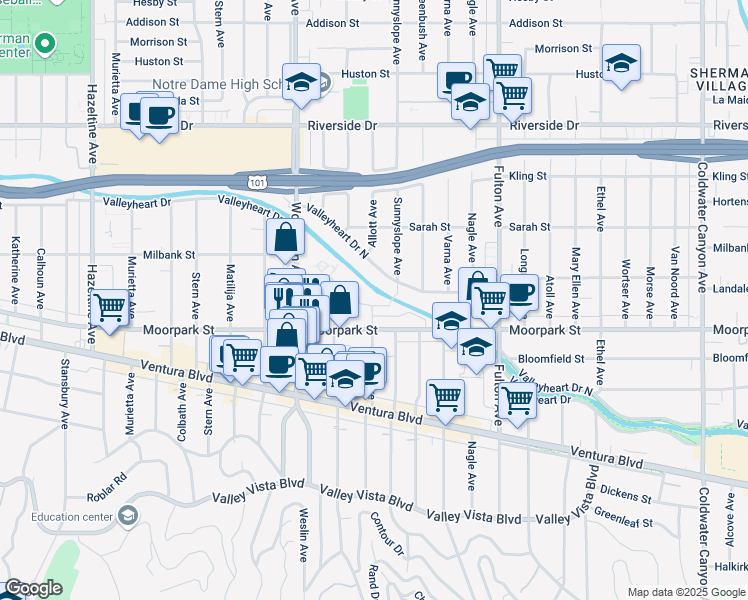map of restaurants, bars, coffee shops, grocery stores, and more near 13520 Valleyheart Drive in Los Angeles