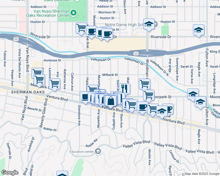 map of restaurants, bars, coffee shops, grocery stores, and more near 4455 Colbath Avenue in Los Angeles