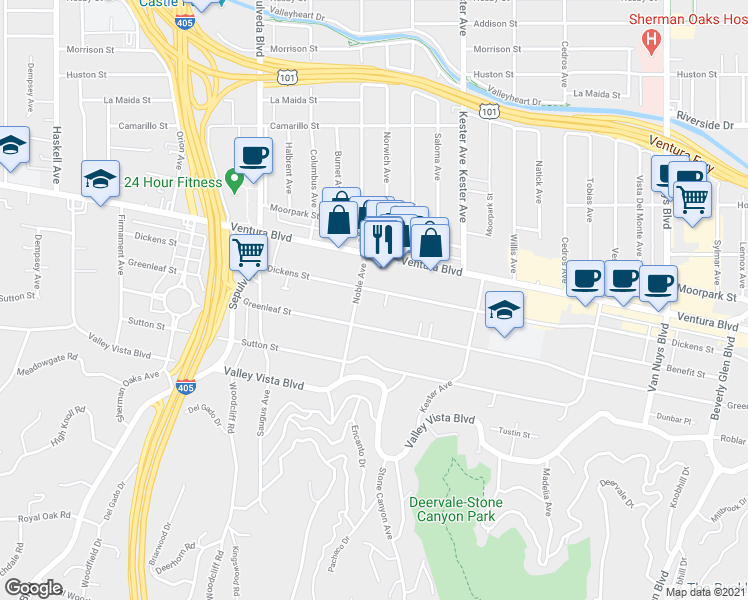 map of restaurants, bars, coffee shops, grocery stores, and more near 15039 Dickens Street in Los Angeles
