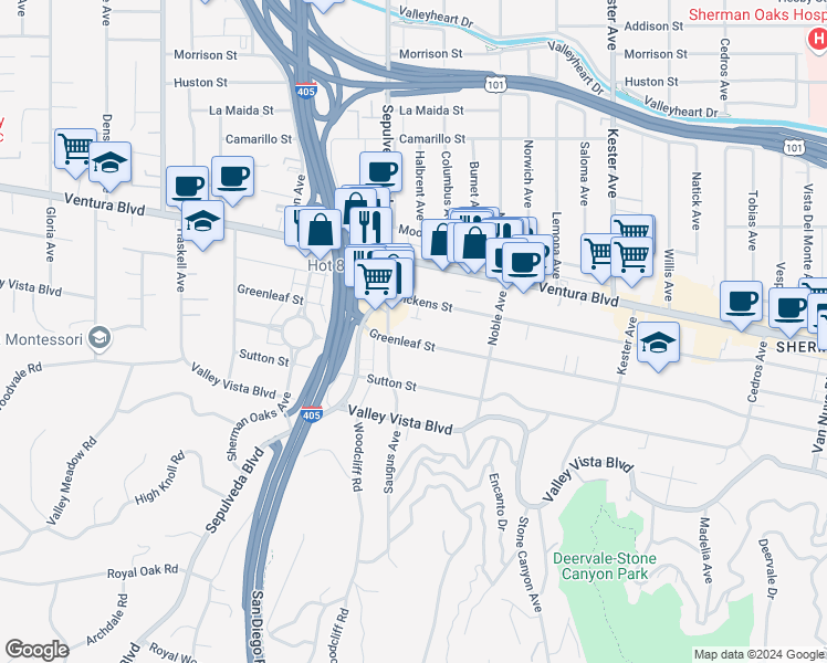 map of restaurants, bars, coffee shops, grocery stores, and more near 15248 Dickens Street in Los Angeles